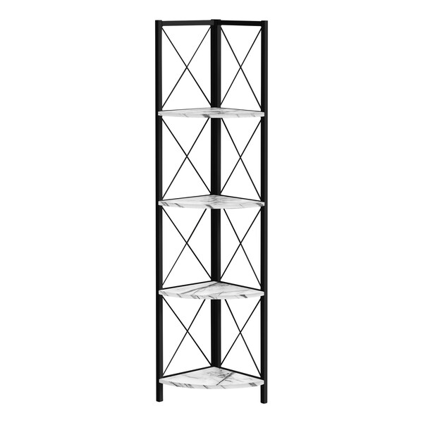 Monarch Specialties Bookshelf, Bookcase, Etagere, Corner, 4 Tier, 60"H, Office, Bedroom, Metal, White Marble Look, Black I 3651 - main